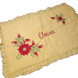 Vintage Yellow Quilted Pillow Sham Eloisa Red Floral Embroidery Ruffled‎ spanish